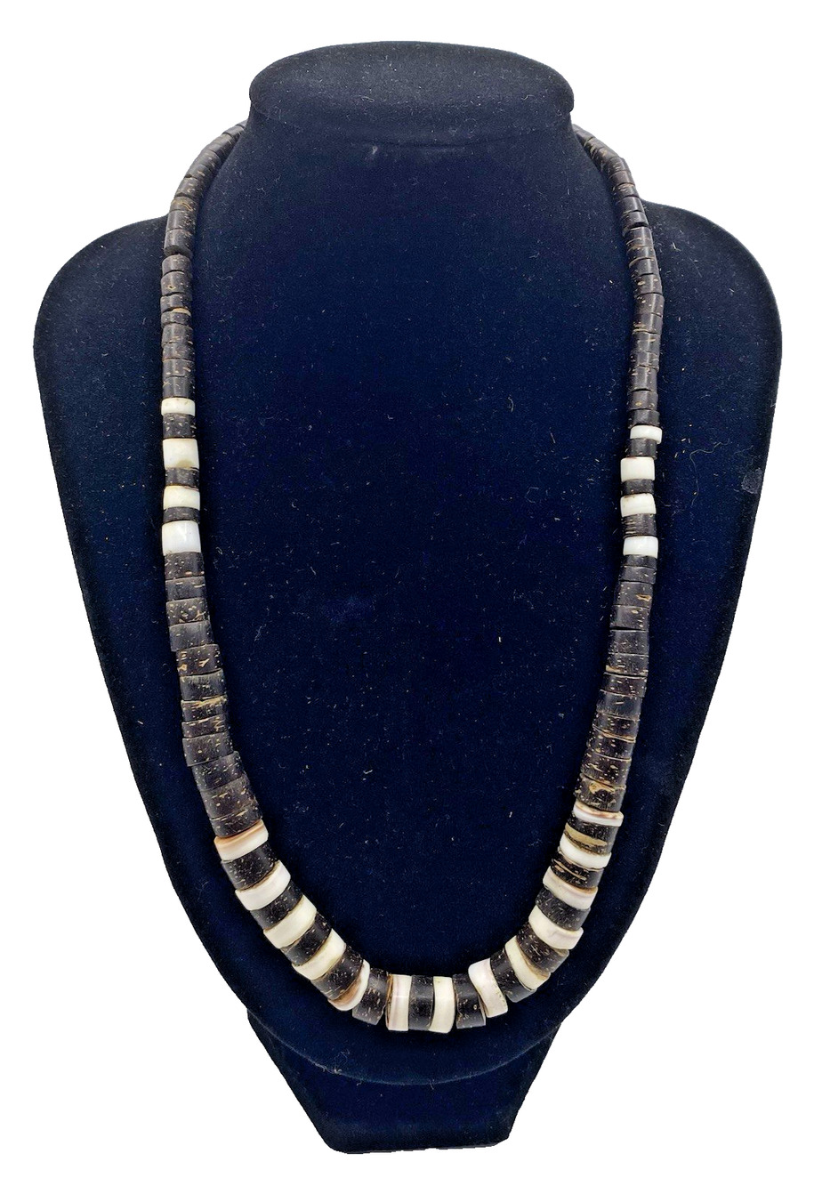 Vintage Coconut and Shell Beaded Graduated Necklace Brown White Barrel 18 inches